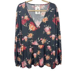 NWT Emerald Boutique 3X Floral Long Sleeve Babydoll Peplum Blouse V Neck